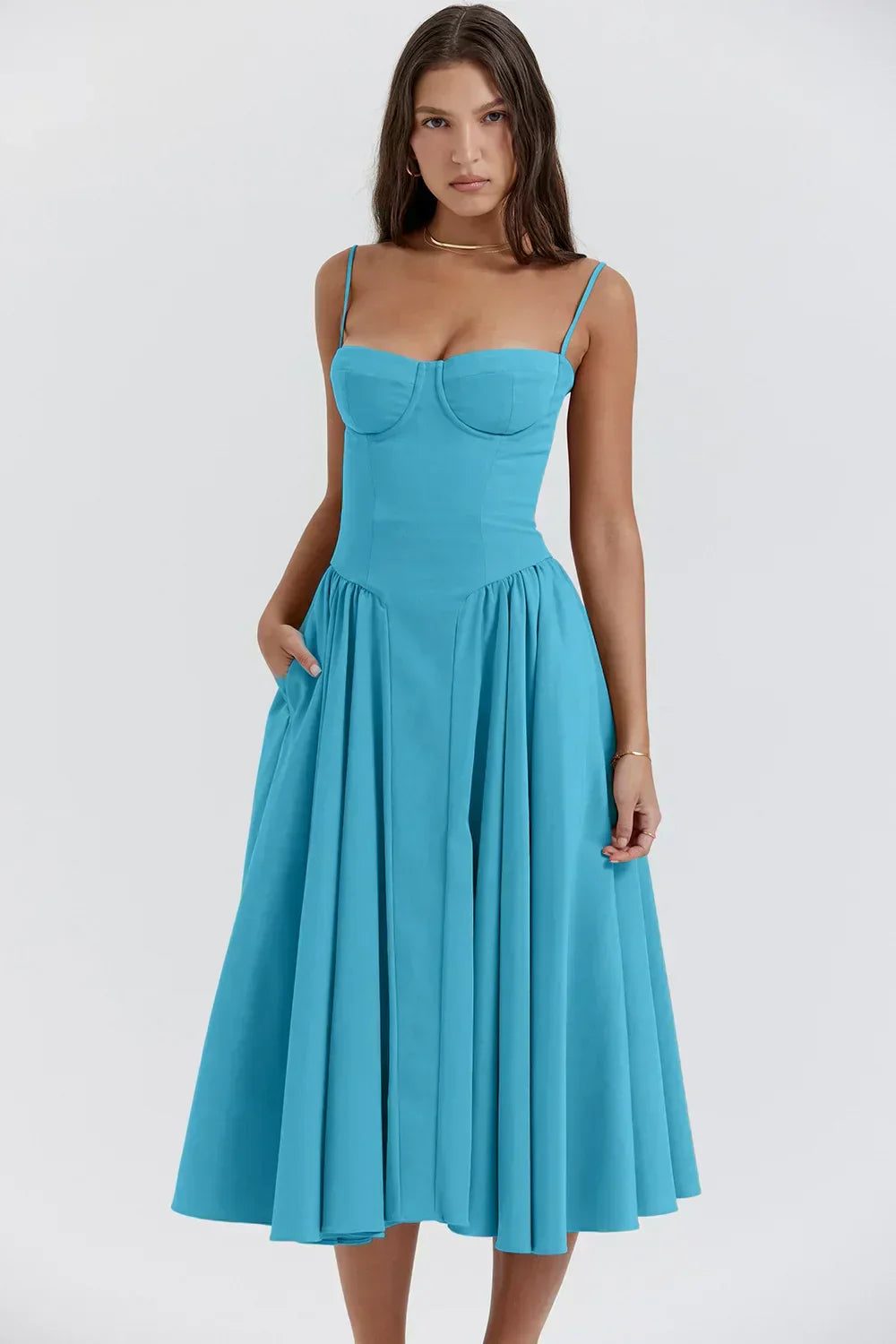 NOUVEAU RICHE Frisches Strukturiertes Midi Kleid Mit Korsett Silhouette Blau