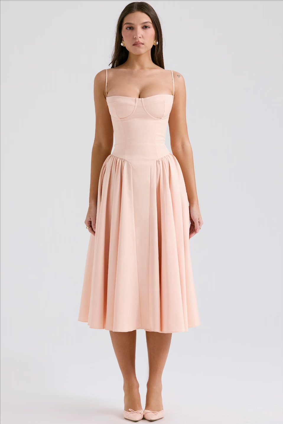 NOUVEAU RICHE Frisches Strukturiertes Midi Kleid Mit Korsett Silhouette Aprikose