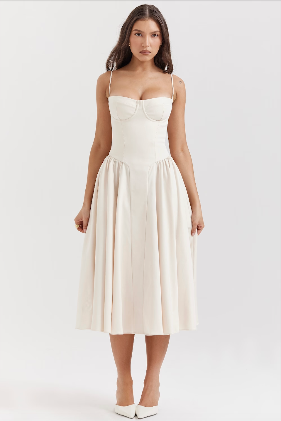 NOUVEAU RICHE Frisches Strukturiertes Midi Kleid Mit Korsett Silhouette Weiß
