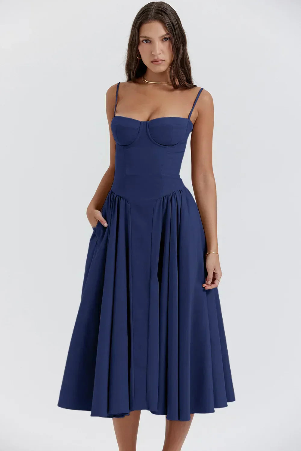 NOUVEAU RICHE Frisches Strukturiertes Midi Kleid Mit Korsett Silhouette Marineblau