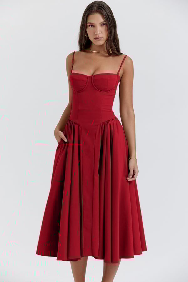 NOUVEAU RICHE Frisches Strukturiertes Midi Kleid Mit Korsett Silhouette Rot