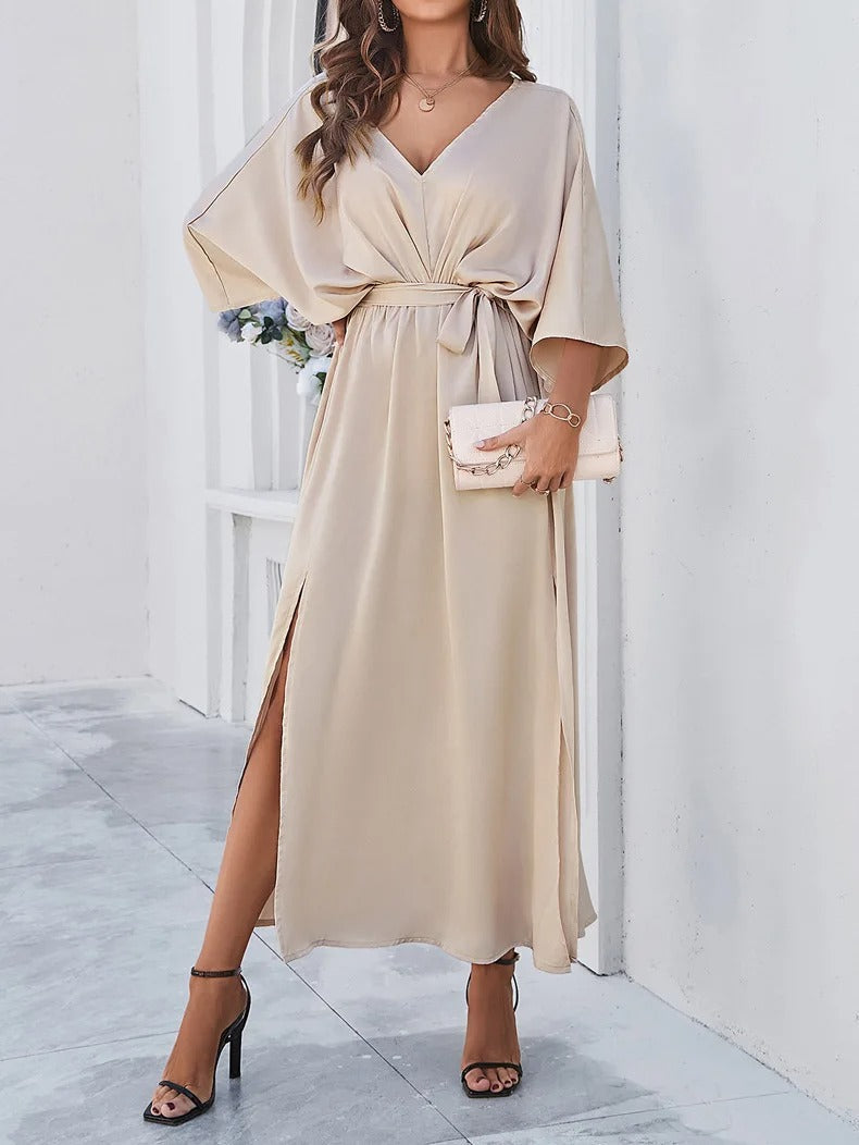 NOUVEAU RICHE Frühlingskleid mit V-Ausschnitt für Damen Isabella Modisches und Vielseitiges Kleid für jeden Anlass Champagner