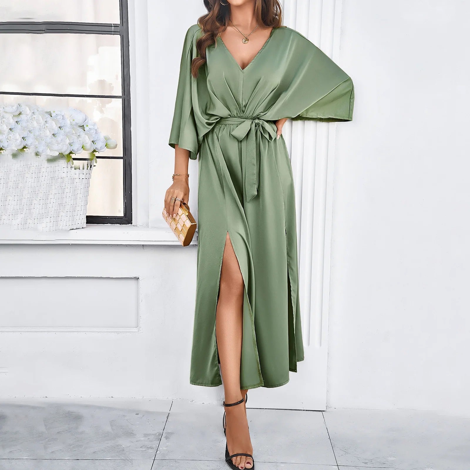 NOUVEAU RICHE Frühlingskleid mit V-Ausschnitt für Damen Isabella Modisches und Vielseitiges Kleid für jeden Anlass Grün
