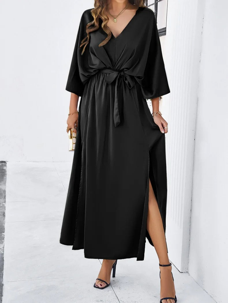 NOUVEAU RICHE Frühlingskleid mit V-Ausschnitt für Damen Isabella Modisches und Vielseitiges Kleid für jeden Anlass Schwarz
