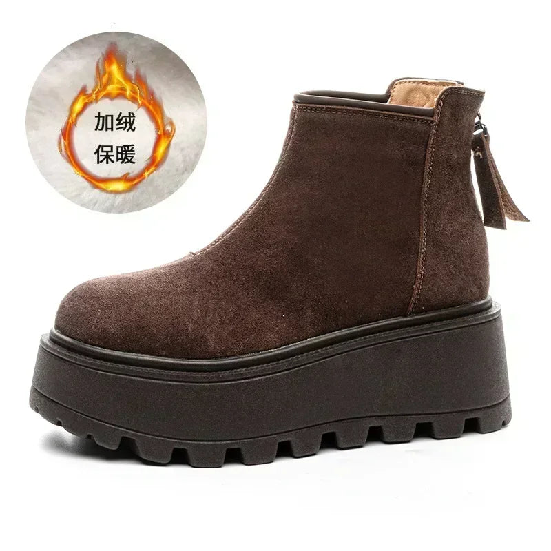 NOUVEAU RICHE Frauen Schnee Stiefel Wildleder Echtes Leder Kuh Keil Winter Kaffee Plüsch