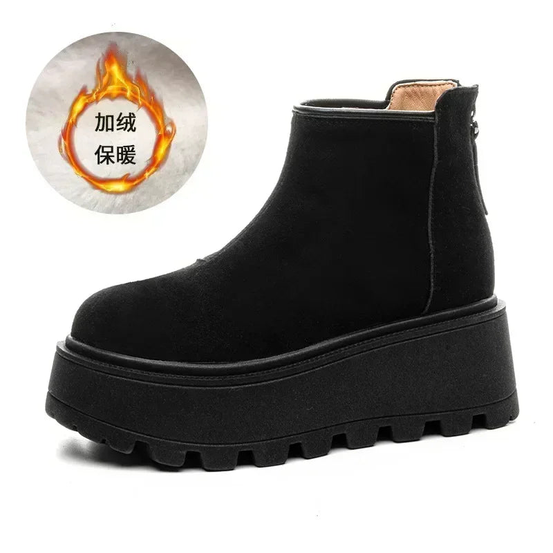 NOUVEAU RICHE Frauen Schnee Stiefel Wildleder Echtes Leder Kuh Keil Winter schwarzer Plüsch