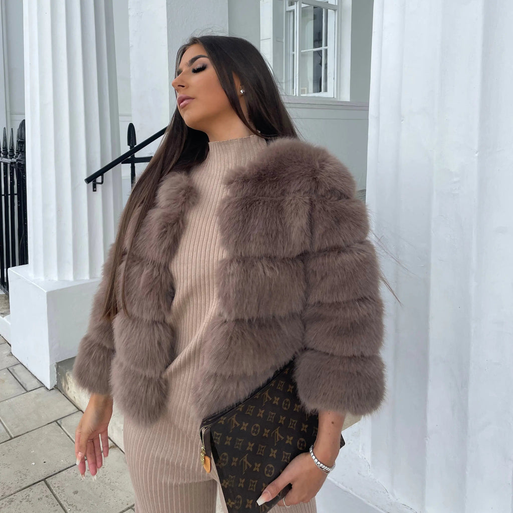 NOUVEAU RICHE Lacy | Dame Kunstfell Jacke - Eleganter Webpelz Mantel & Kurzjacke aus Fake Fur Grau