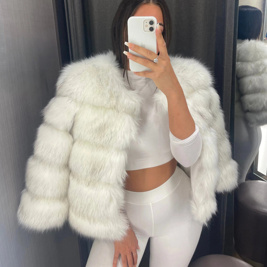 NOUVEAU RICHE Lacy | Dame Kunstfell Jacke - Eleganter Webpelz Mantel & Kurzjacke aus Fake Fur