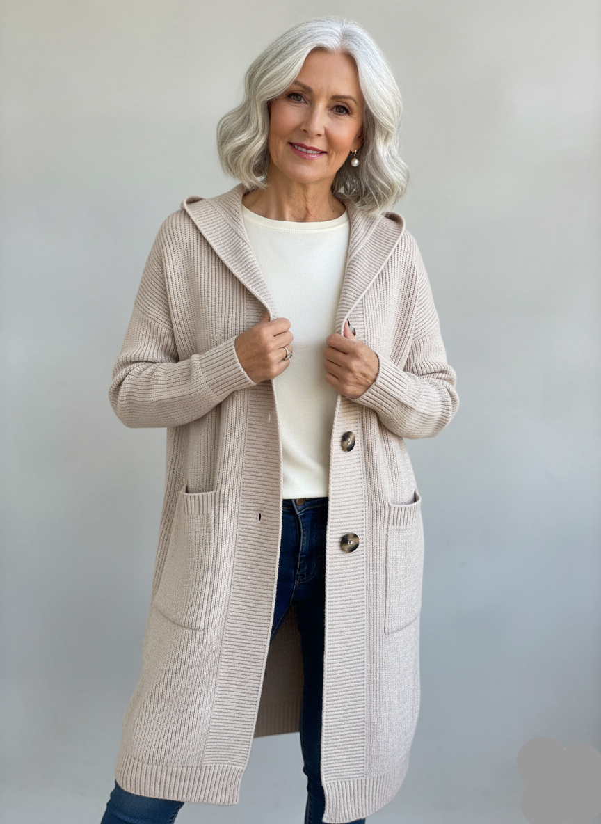 NOUVEAU RICHE Gemütlicher Longline-Cardigan mit Kapuze – Lange Strickjacke Damen mit Kapuze, lockere Passform, S–3XL – Flōre Beige