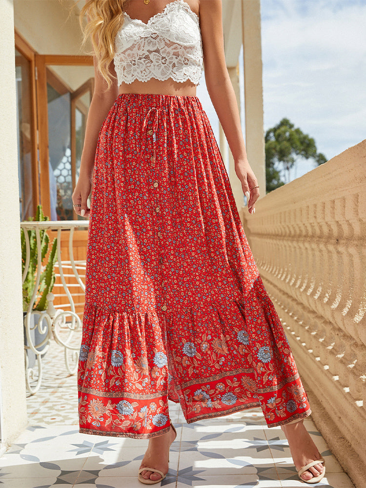 NOUVEAU RICHE Gemusterter Rock mit Knopfleiste und Schlitz im Bohemian-Print für Damen mit Elastischem Bund und Hoher Taille in A-Linie Silhouette, Lockerer Passform und Maschinenwaschbar Rot