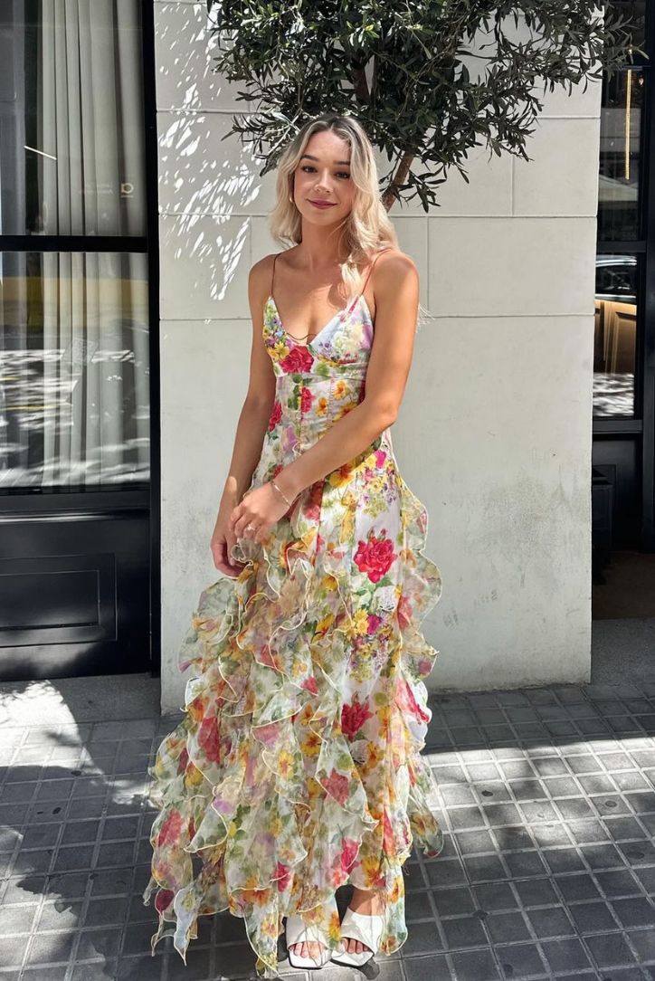 NOUVEAU RICHE Maxikleid mit Rüschen für Sommerveranstaltungen Elegantes Frauenkleid mit Verstellbaren Spaghettiträgern und Bezauberndem Design