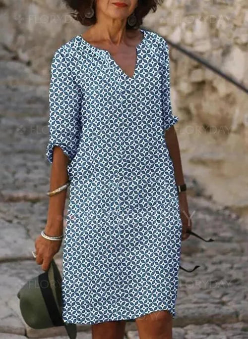 NOUVEAU RICHE Flora | Damen-Sommerkleid im Vintage-Stil mit Geteiltem Ausschnitt und 3/4-Ärmeln | Mini Blau