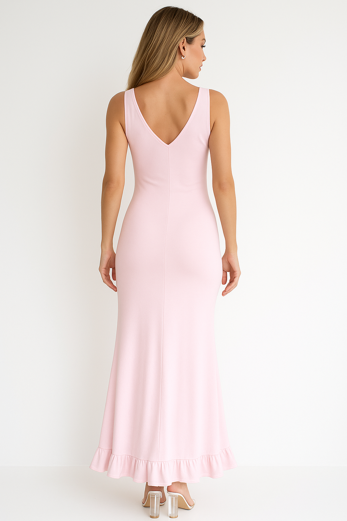 NOUVEAU RICHE Maxikleid mit Rüschen, V-Ausschnitt, offenem Rücken
