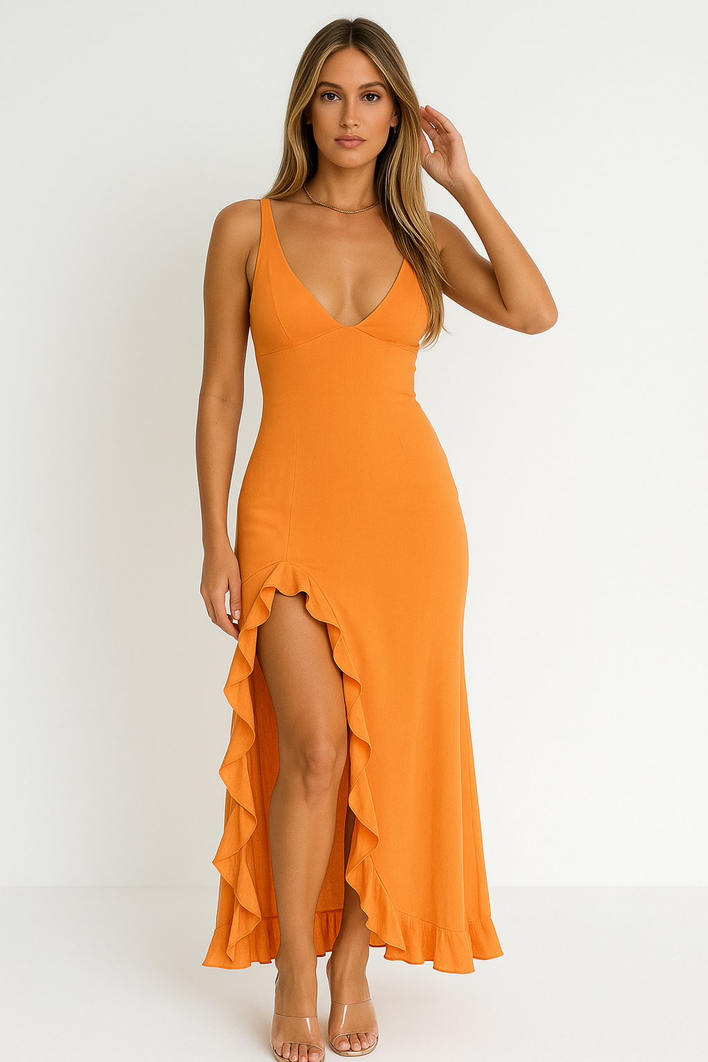 NOUVEAU RICHE Maxikleid mit Rüschen, V-Ausschnitt, offenem Rücken Orange