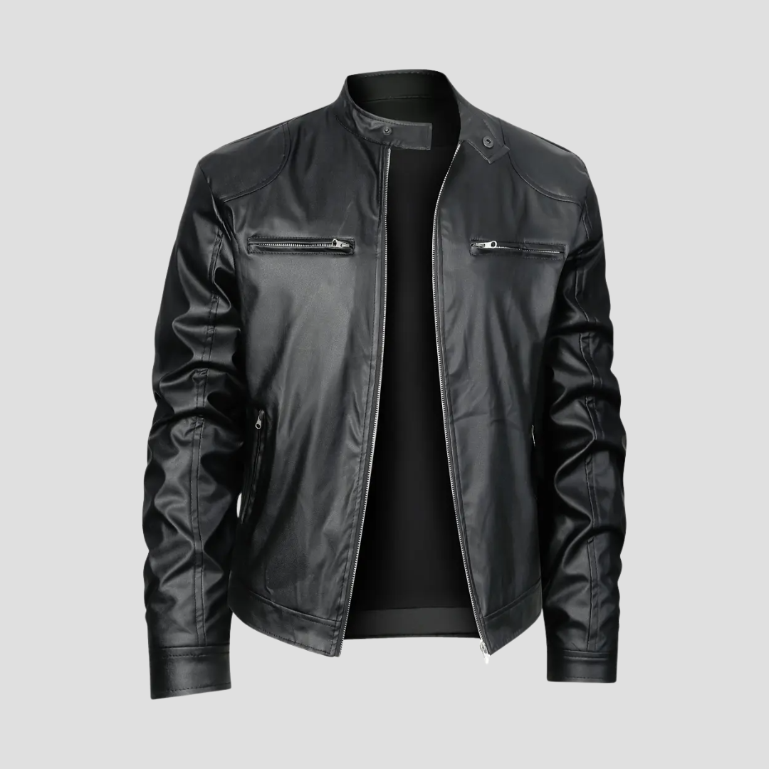 NOUVEAU RICHE Leder Bikerjacke Glattes Kunstleder Stehkragen Passform Schwarz