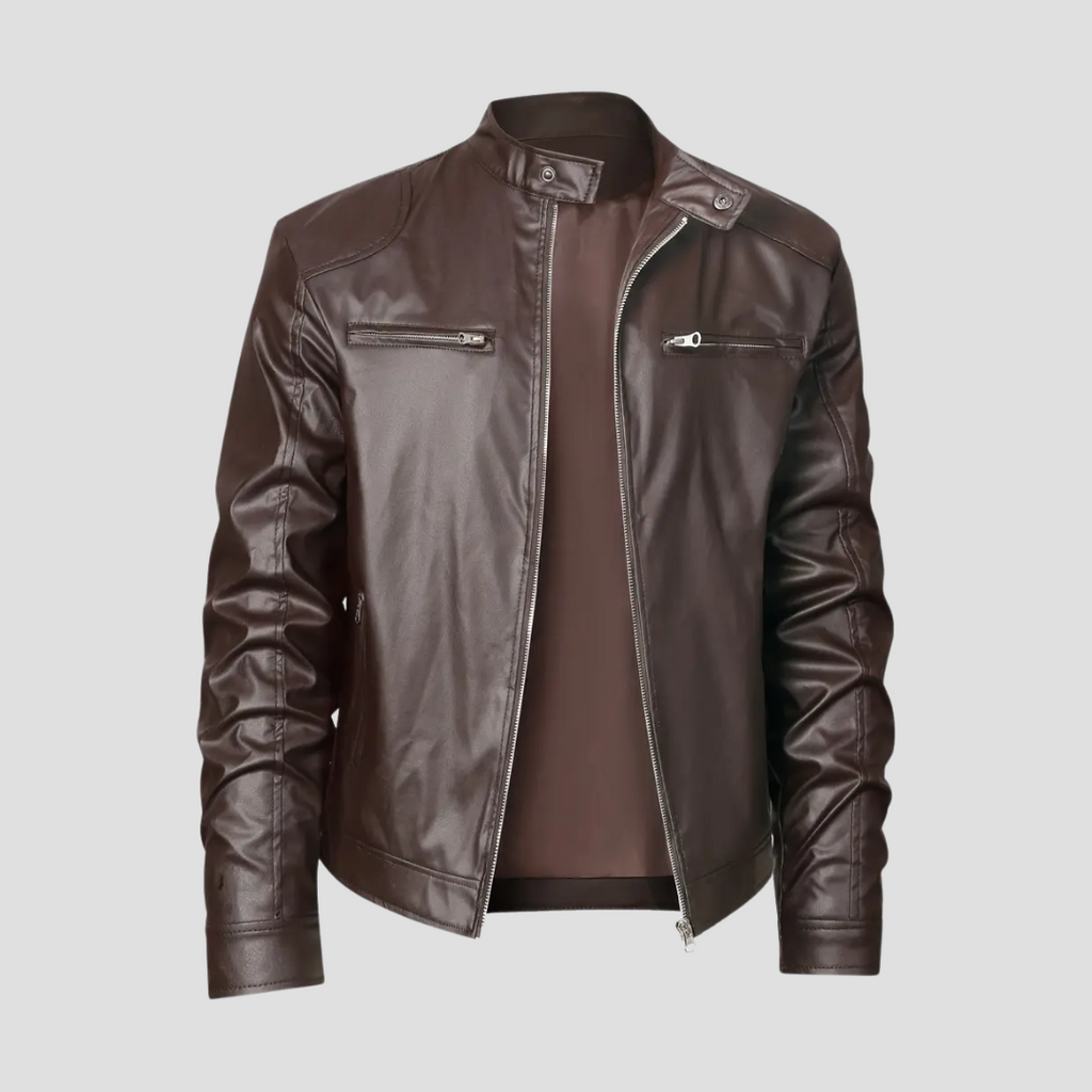 NOUVEAU RICHE Leder Bikerjacke Glattes Kunstleder Stehkragen Passform Dunkelbraun