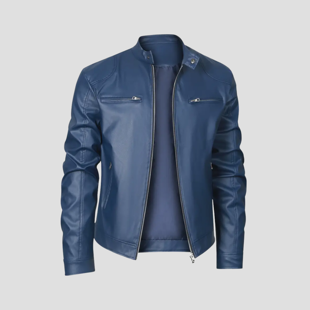 NOUVEAU RICHE Leder Bikerjacke Glattes Kunstleder Stehkragen Passform Blau