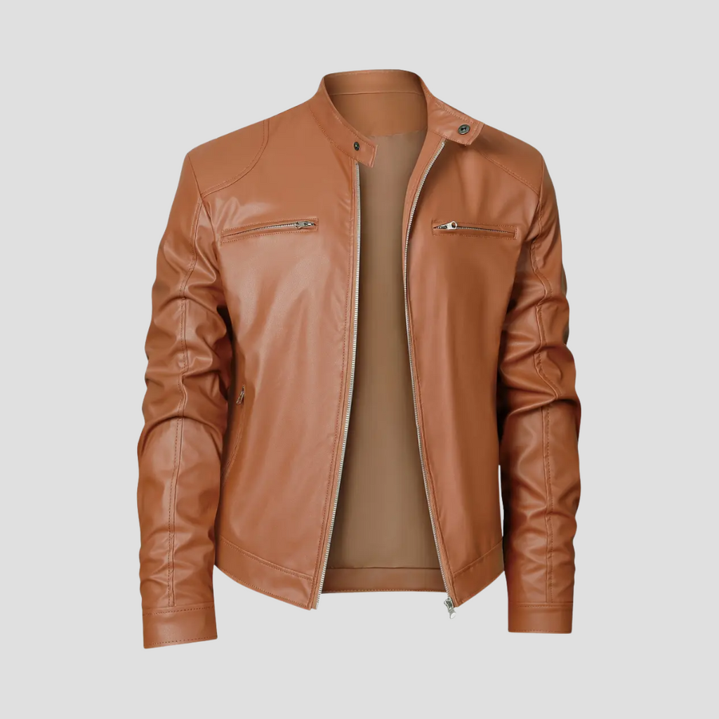NOUVEAU RICHE Leder Bikerjacke Glattes Kunstleder Stehkragen Passform Khaki