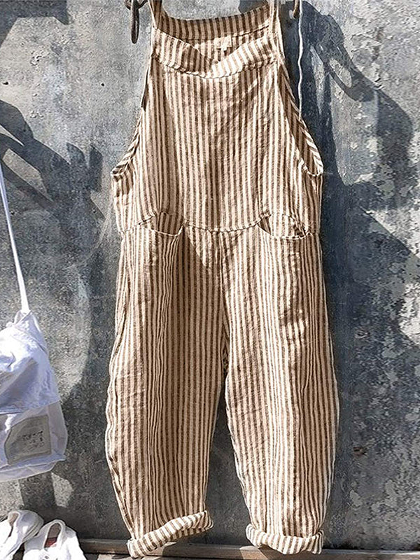 NOUVEAU RICHE Gestreifter Damen Overall mit Weitem Bein und Verstellbaren Spaghettiträgern für Lässige Alltagslooks aus 80 Prozent Baumwolle und 20 Prozent Leinen Khaki