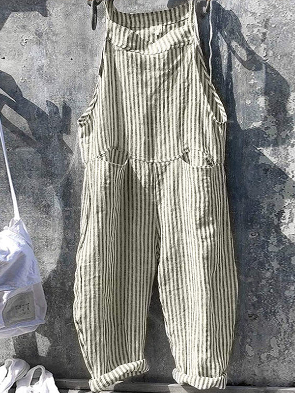 NOUVEAU RICHE Gestreifter Damen Overall mit Weitem Bein und Verstellbaren Spaghettiträgern für Lässige Alltagslooks aus 80 Prozent Baumwolle und 20 Prozent Leinen Grün