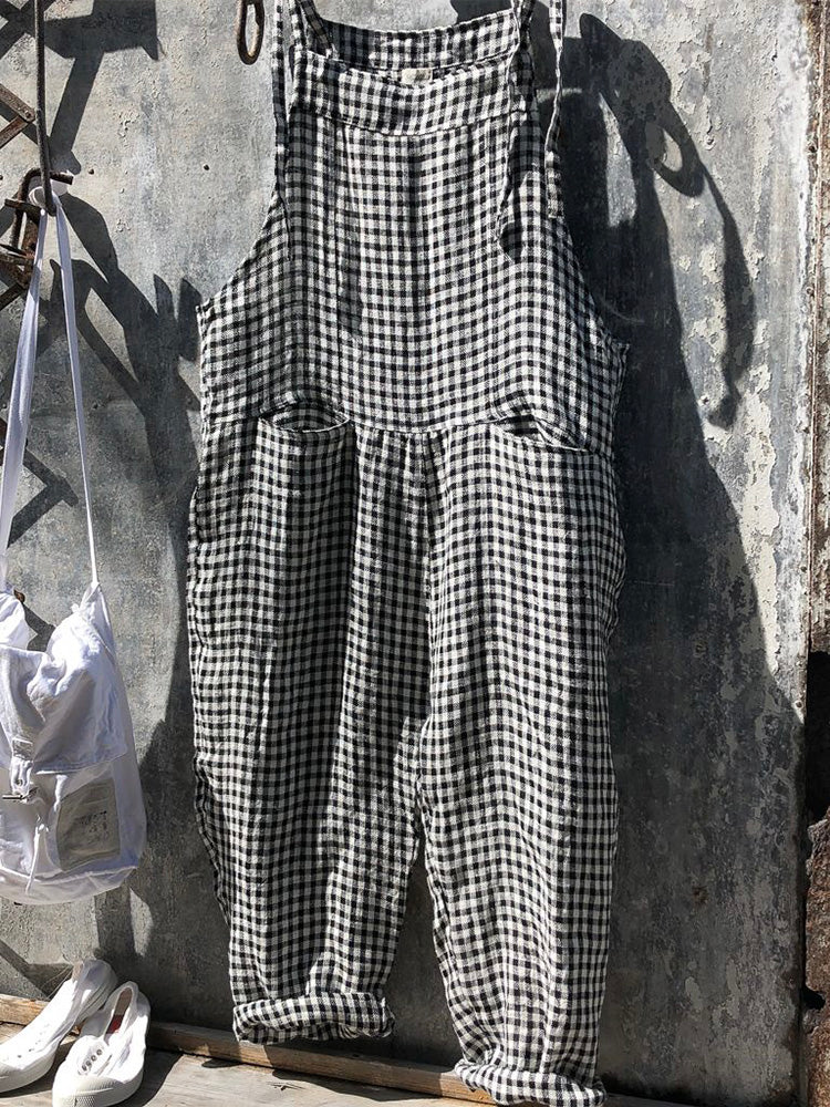 NOUVEAU RICHE Gestreifter Damen Overall mit Weitem Bein und Verstellbaren Spaghettiträgern für Lässige Alltagslooks aus 80 Prozent Baumwolle und 20 Prozent Leinen Schwarz kariert