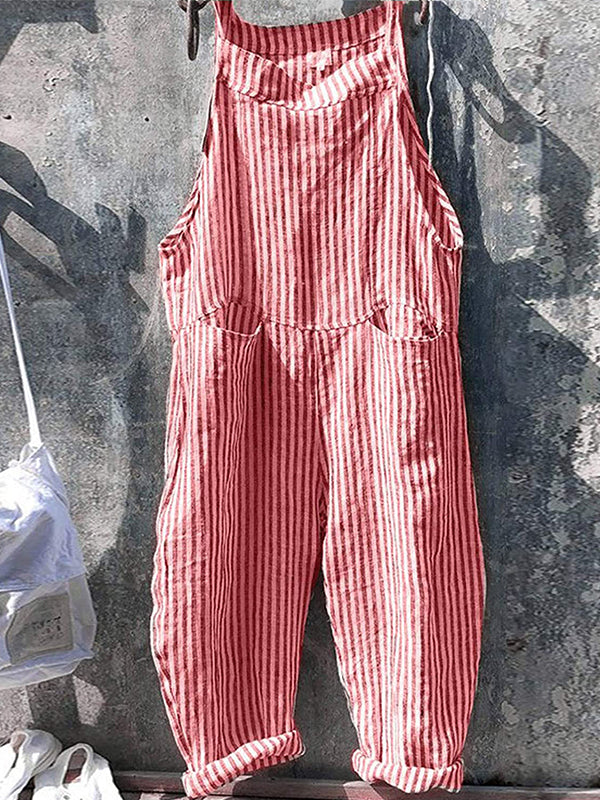 NOUVEAU RICHE Gestreifter Damen Overall mit Weitem Bein und Verstellbaren Spaghettiträgern für Lässige Alltagslooks aus 80 Prozent Baumwolle und 20 Prozent Leinen Rosa