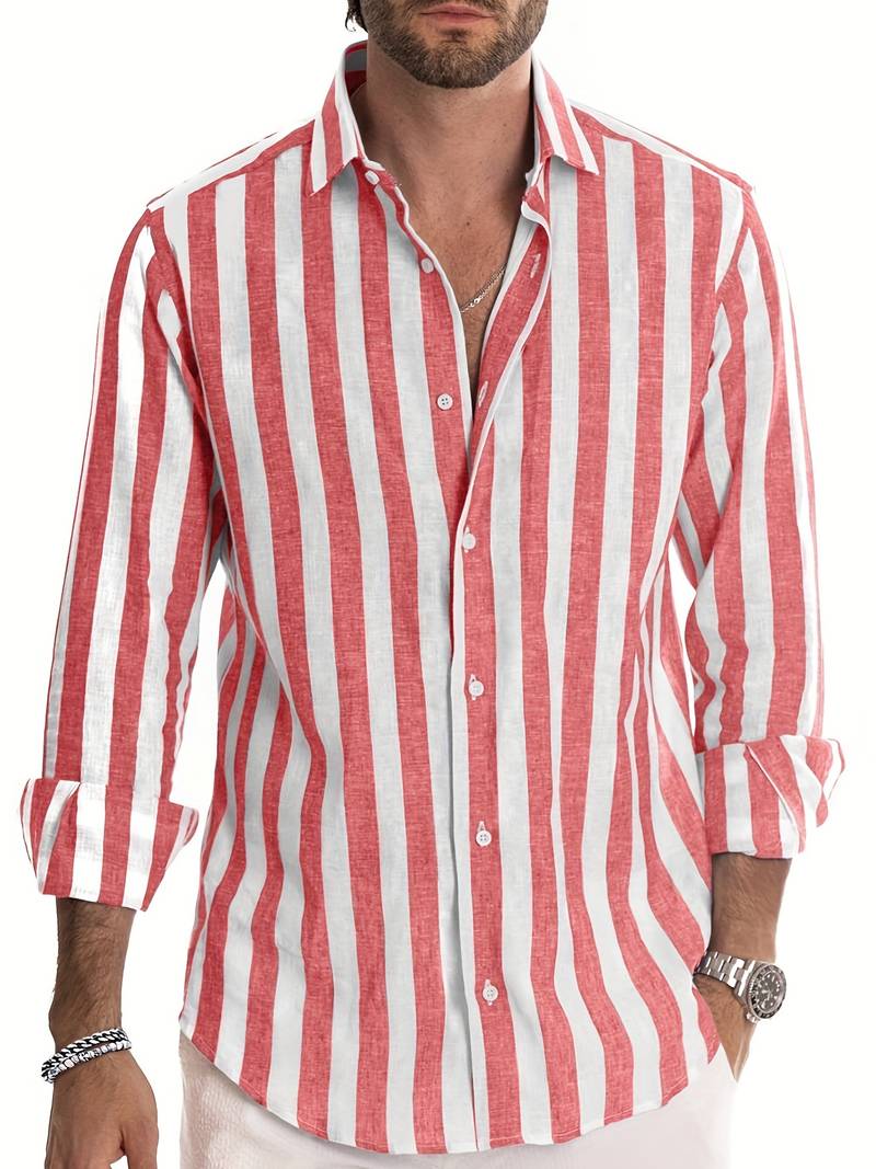 NOUVEAU RICHE Gestreiftes Herren Langarmhemd Lockerer Schnitt Baumwolle Rot