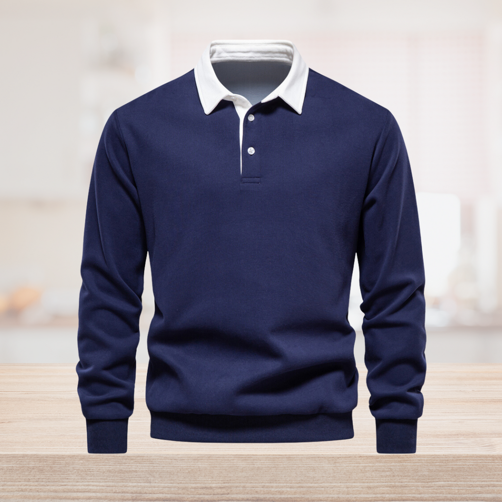 NOUVEAU RICHE Poloshirt Langarm Herren Bequem Klassischer Kragen Blau