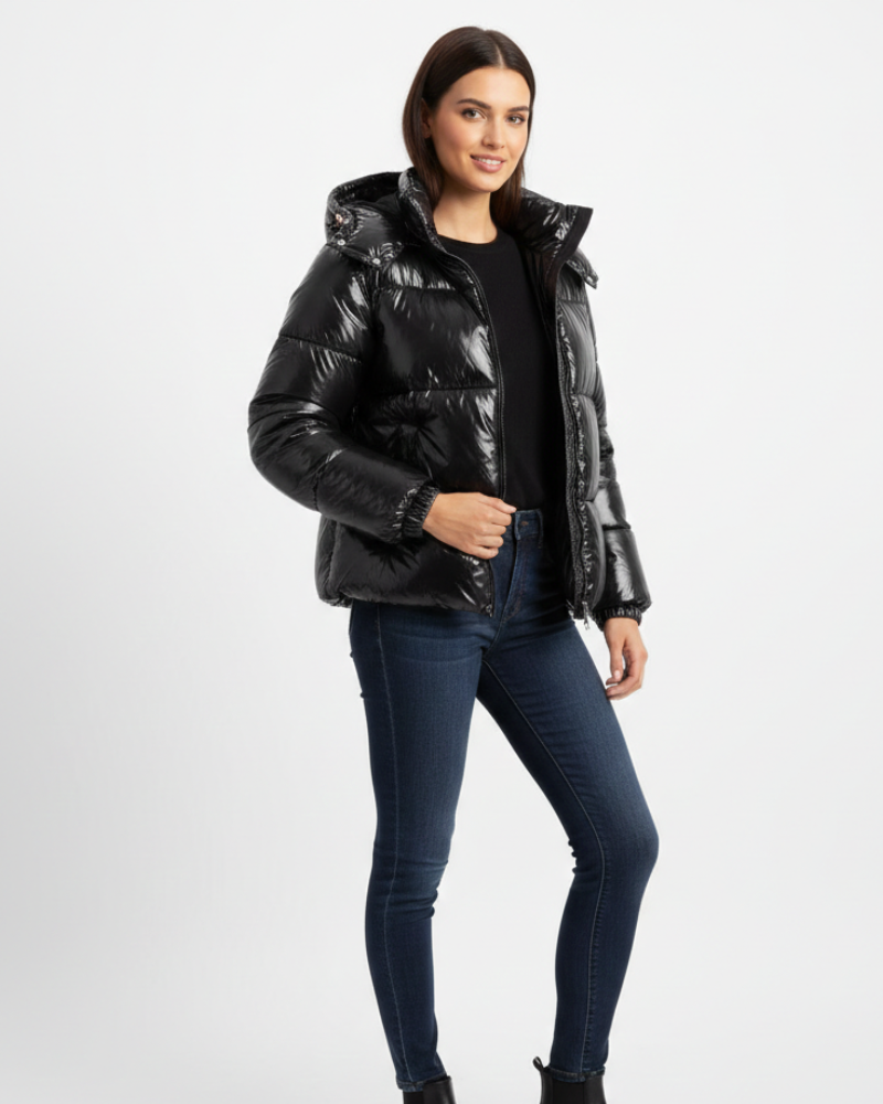 NOUVEAU RICHE Damen Daunenjacke Glänzend – Ultraleicht & Thermo-Isolierung Schwarz