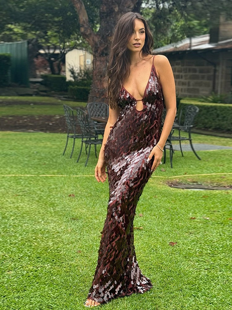 NOUVEAU RICHE Glänzendes Pailletten Maxikleid Mit Tiefem V Ausschnitt