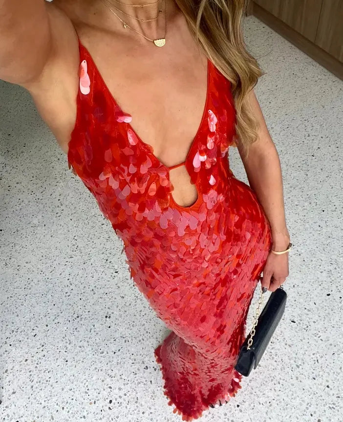 NOUVEAU RICHE Glänzendes Pailletten Maxikleid Mit Tiefem V Ausschnitt