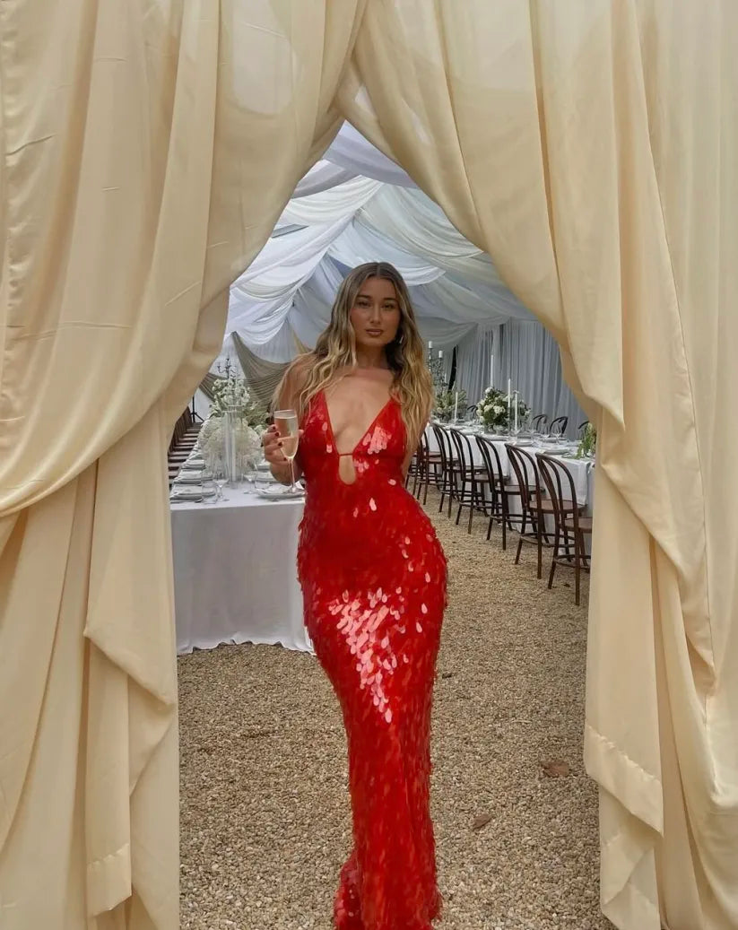 NOUVEAU RICHE Glänzendes Pailletten Maxikleid Mit Tiefem V Ausschnitt