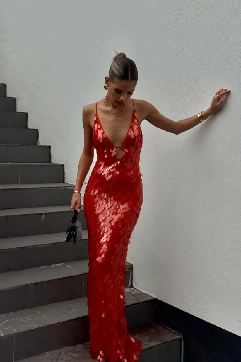 NOUVEAU RICHE Glänzendes Pailletten Maxikleid Mit Tiefem V Ausschnitt Rot