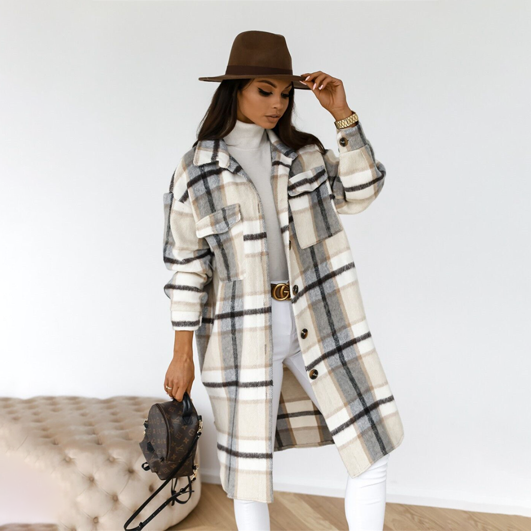 NOUVEAU RICHE Damenmantel Kariert Langmantel Alltagslook Herbstkollektion - Winterjacke - Wintermäntel Damen Grau-Weiß