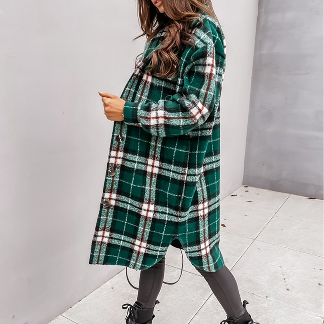 NOUVEAU RICHE Damenmantel Kariert Langmantel Alltagslook Herbstkollektion - Winterjacke - Wintermäntel Damen Grün