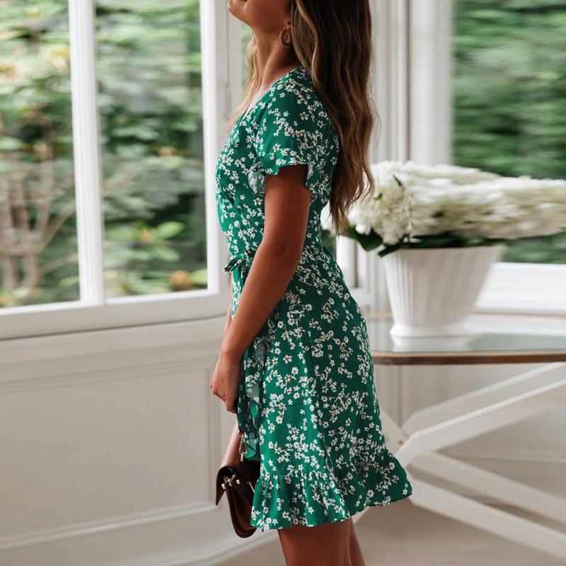 NOUVEAU RICHE Grünes Strandkleid Mit Blumenmuster Bohème Stil Rüschen