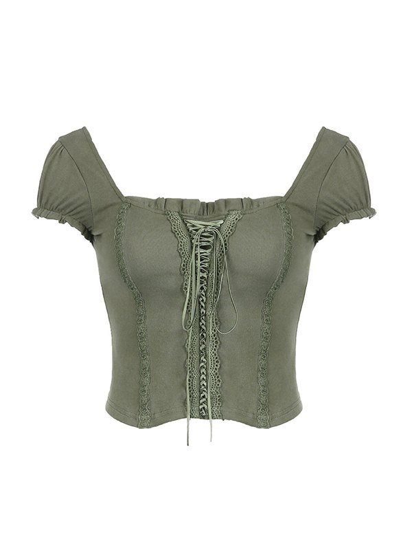 NOUVEAU RICHE Grünes Fairy Grunge Top Kurzarm Mit Spitzenbesatz Slim Fit