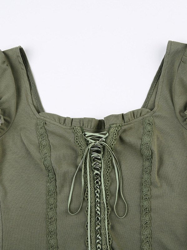 NOUVEAU RICHE Grünes Fairy Grunge Top Kurzarm Mit Spitzenbesatz Slim Fit