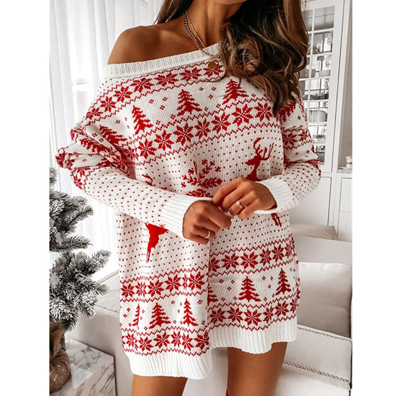 Weihnachtspullover Damen – Oversize Off-Shoulder Pullover in Rot & Weiss, Gemütlicher Pullover für die Feiertage – Luna