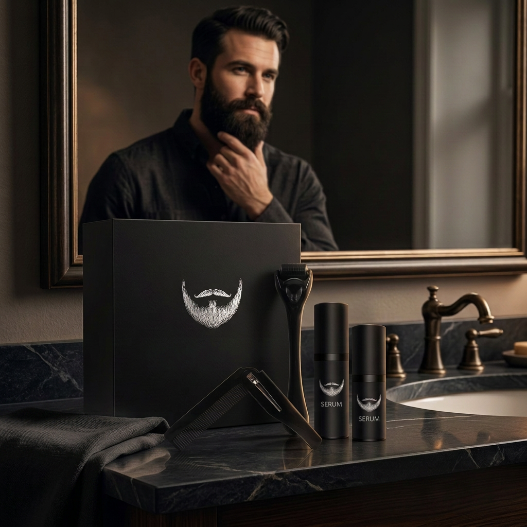 NOUVEAU RICHE Bartpflege-Set mit 540 Dermaroller, natürlichem Bartserum, Reinigungsspray & Kamm – Bart Grooming Set