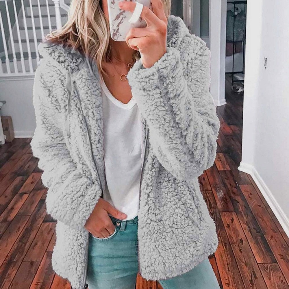 NOUVEAU RICHE Pamelo | Damen Teddy Kapuzenweste - Super Weiche & Warme Fleece Plüschweste mit Kapuze Light Gray