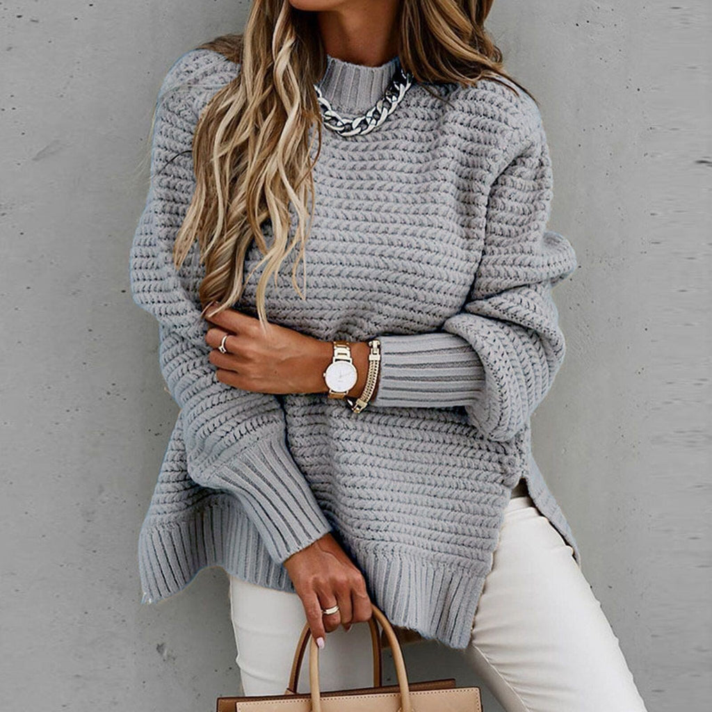 NOUVEAU RICHE Flōre | Damen Eleganter Pullover mit Stehkragen - Feinstrick Herbstpullover & Mock Neck Grau