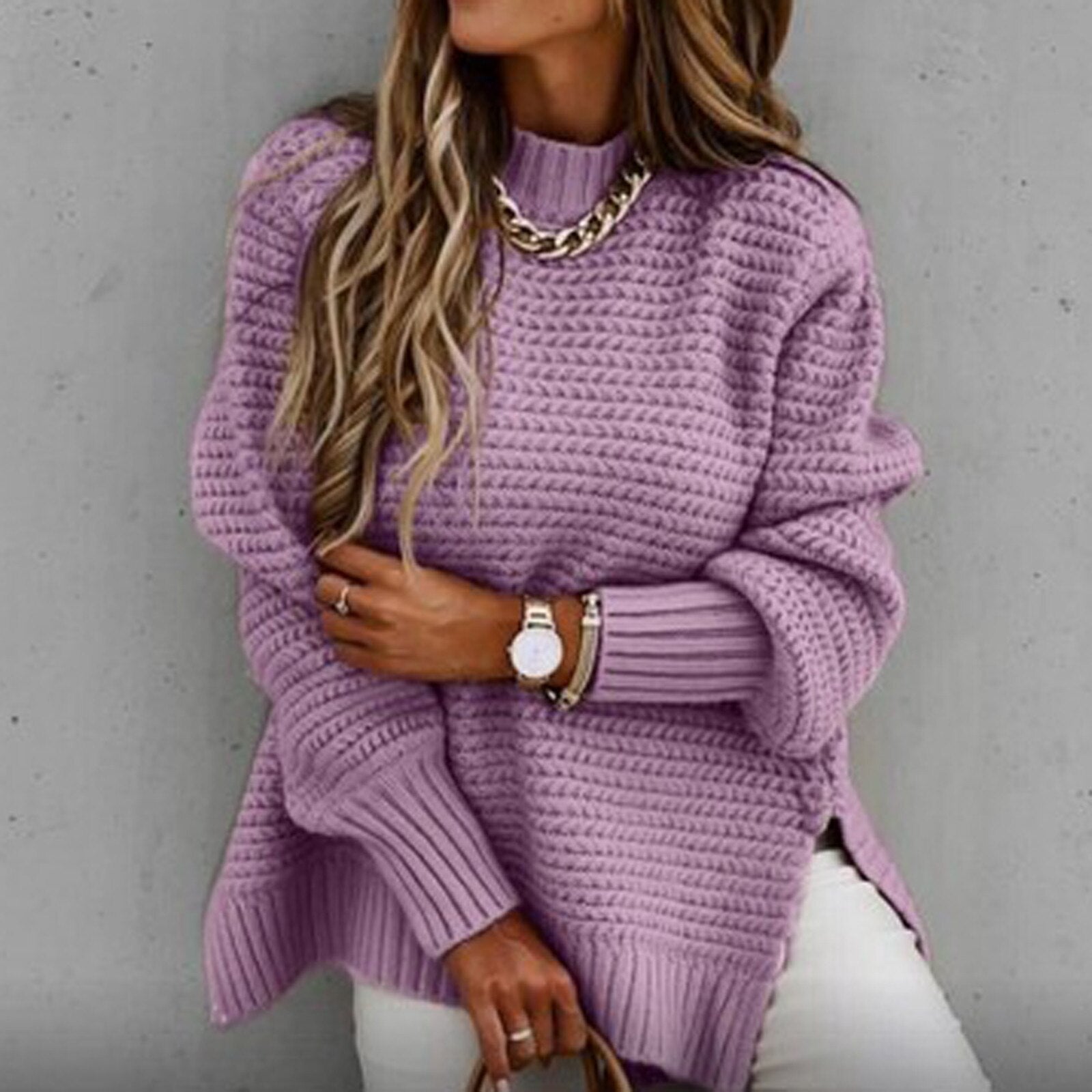NOUVEAU RICHE Flōre | Damen Eleganter Pullover mit Stehkragen - Feinstrick Herbstpullover & Mock Neck Lila