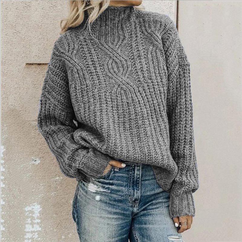 NOUVEAU RICHE Damen Stylischer Rollkragenpullover Mit Kabelmuster Für Damen - Pullover Grau