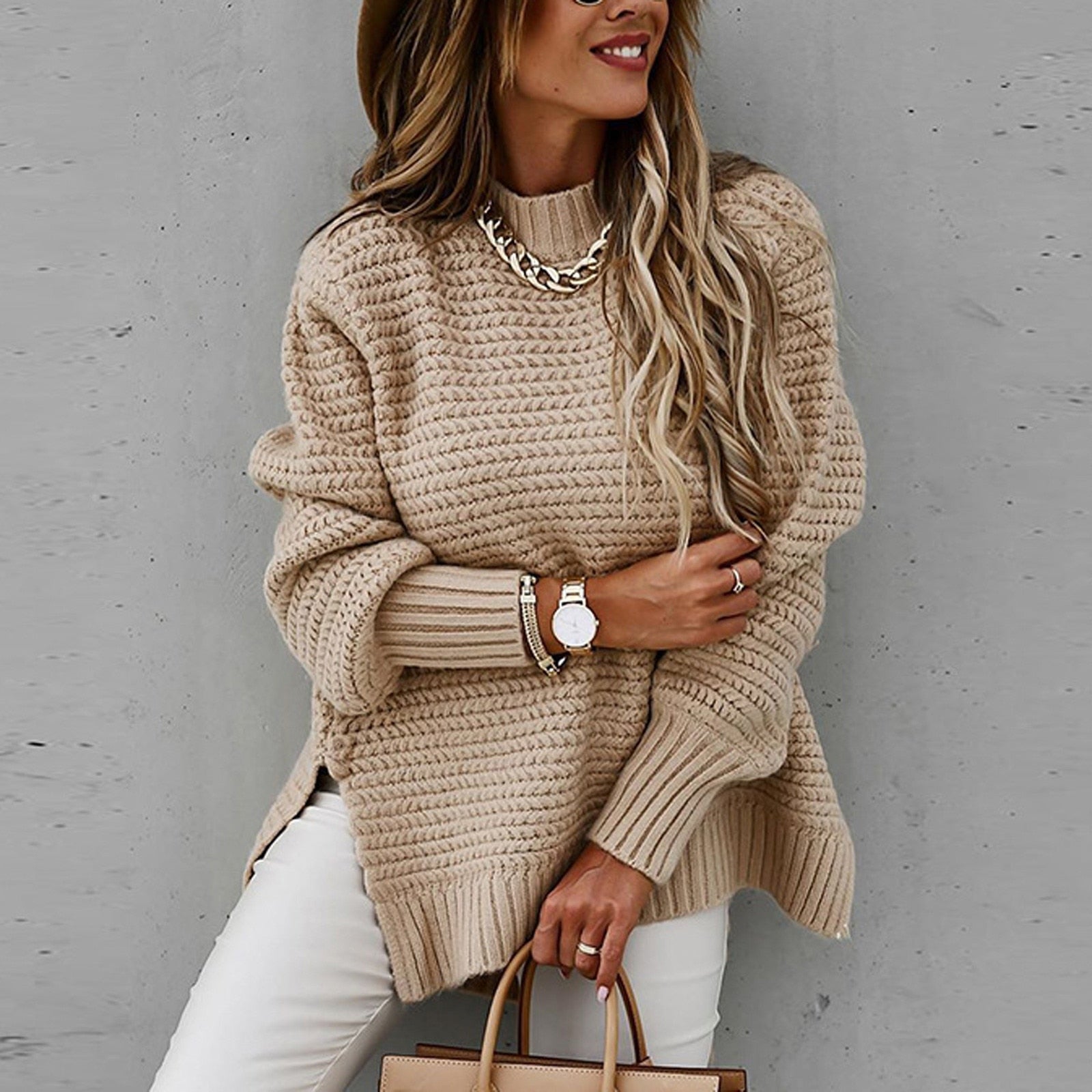 NOUVEAU RICHE Flōre | Damen Eleganter Pullover mit Stehkragen - Feinstrick Herbstpullover & Mock Neck Hellbraun