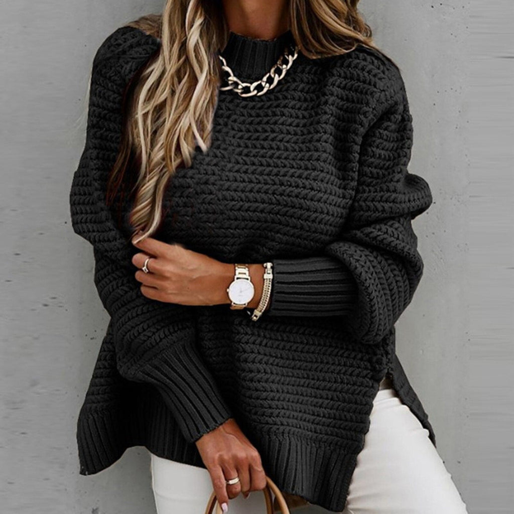 NOUVEAU RICHE Flōre | Damen Eleganter Pullover mit Stehkragen - Feinstrick Herbstpullover & Mock Neck Schwarz