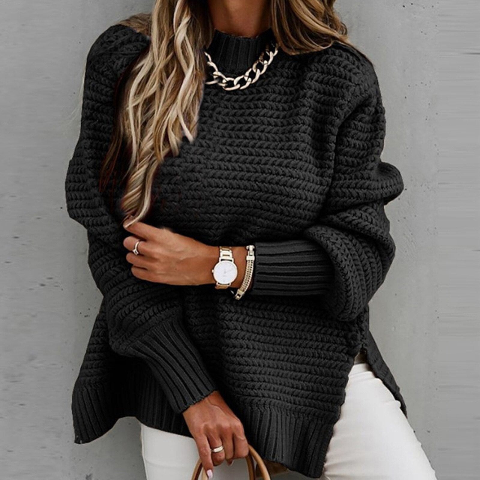 NOUVEAU RICHE Flōre | Damen Eleganter Pullover mit Stehkragen - Feinstrick Herbstpullover & Mock Neck Schwarz
