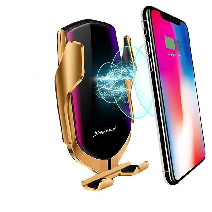 NOUVEAU RICHE Automatische Handyhalterung Auto mit kabellosem Ladegerät – Qi Halterung mit Infrarotsensor & 360° drehbar – GripCharge Gold
