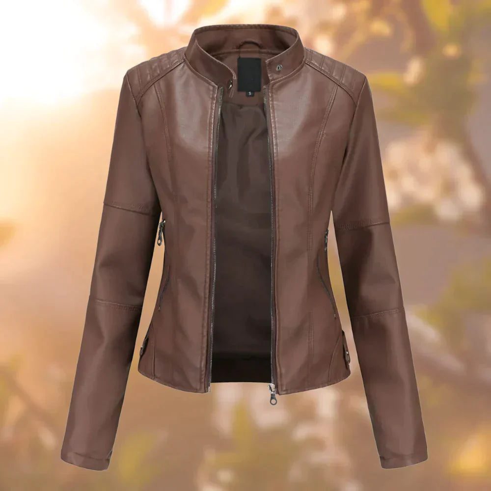 NOUVEAU RICHE Bikerjacke Damen Schlanke Passform Urban Stil Elegant Look Dunkelbraun