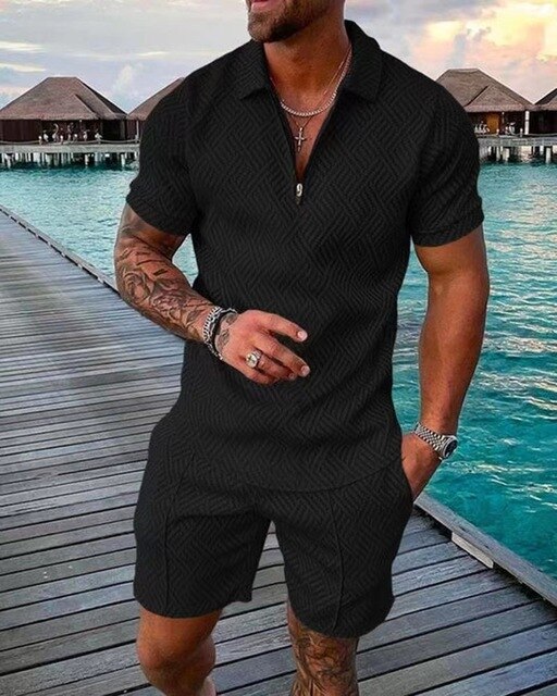 NOUVEAU RICHE Zweiteiliges Herren Sommerset Poloshirt Und Shorts Komfort schwarz